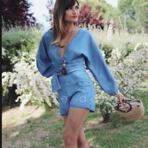 ❤SOLD❤ ZARA // CHAMBRAY BELTED KIMONO ROMPER - Picture 6 of 8